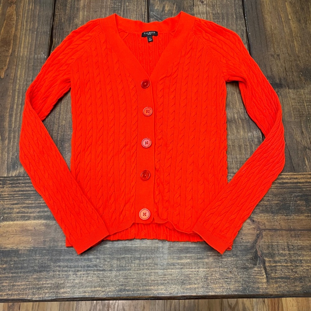 Talbots Petites Orange Cable Knit V Neck Button Up Cardigan Sweater P /‎ XS